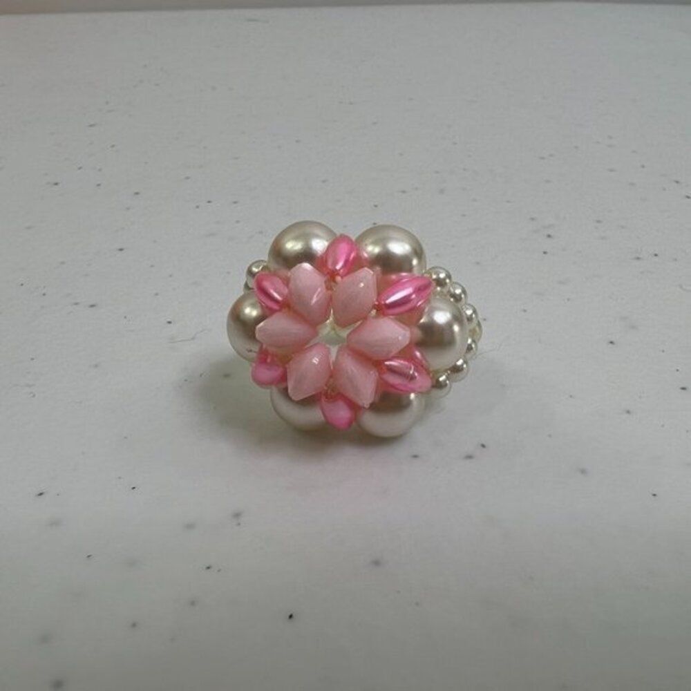 Faux Pearl Beaded Ring Size 4‎ Pink White Cluster Cocktail Weave Big